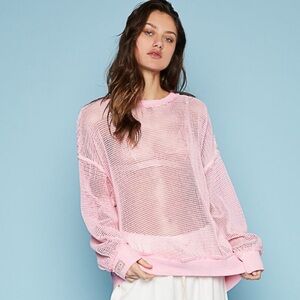 POL pink crochet knit top long sleeve sequin zip up Pink Mesh Sweater
